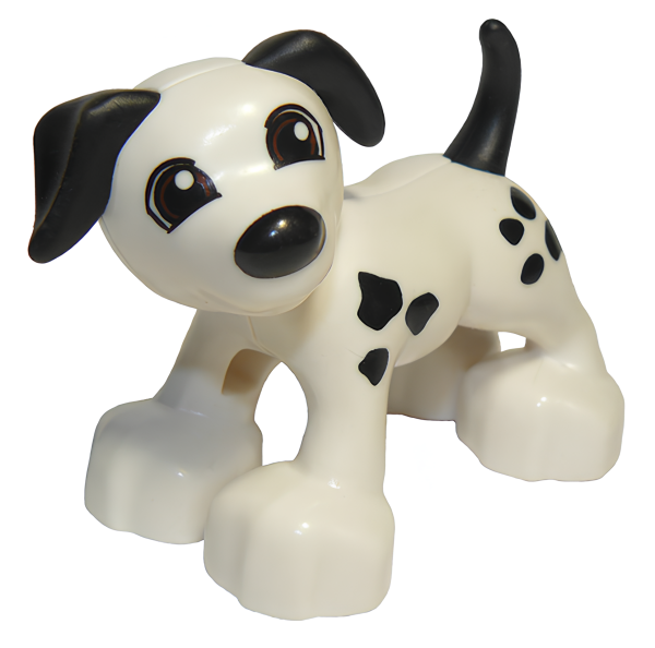 Щенок белый Lego Duplo Dog with Reddish Brown Eyes and Black Ears, Nose, Tail, and Spots Pattern 1396pb03 U